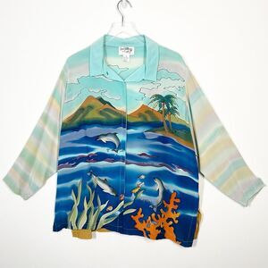 Carol Patterson Womens Size 2X Silk Blue Colorful Ocean-Themed Button Down Shirt